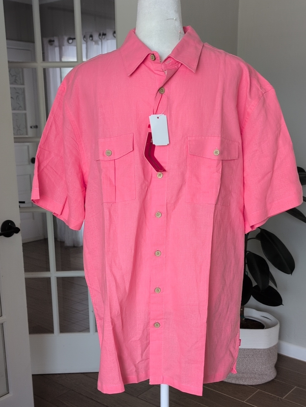 NWT Izod Men's Short-Sleeve Button-Down Shirt in Coral Linen Cotton